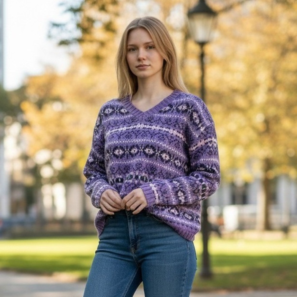 Eddie Bauer Womens Sweater Med Purple V-Neck Fair Isle Knit Pullover Cottagecore